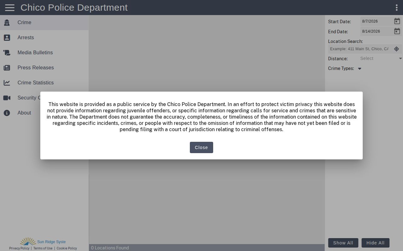 Chico Police arrest and crime map record search interface