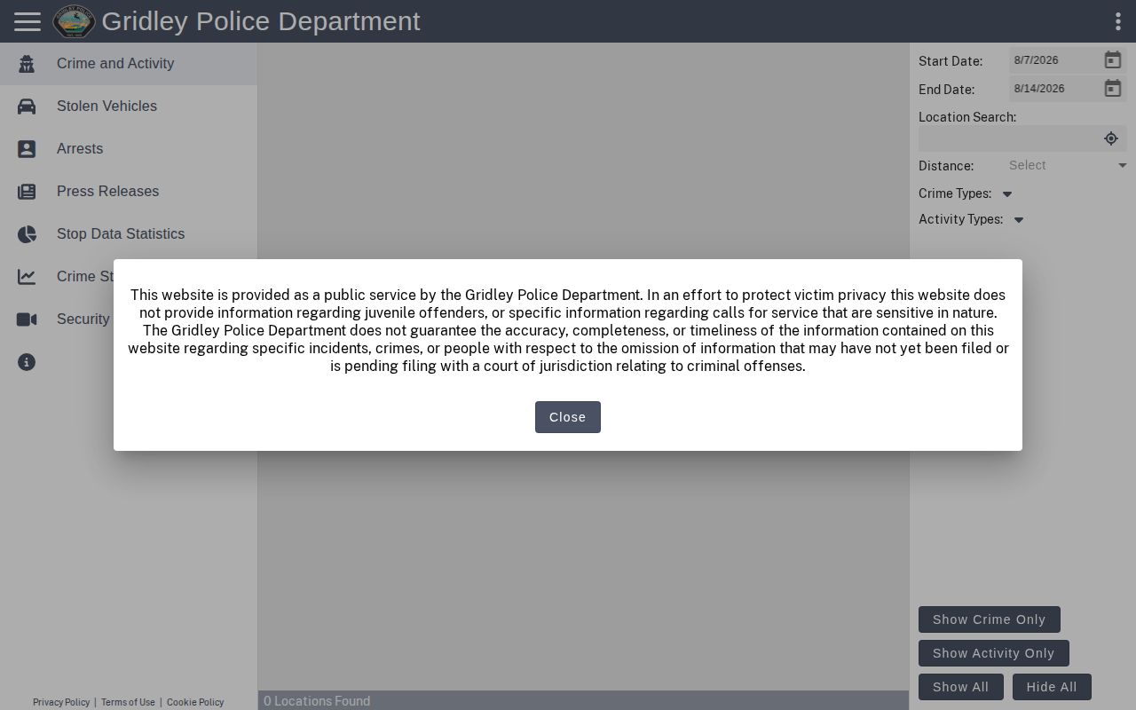 Gridley Police CitizenRIMS arrest and incident record interface