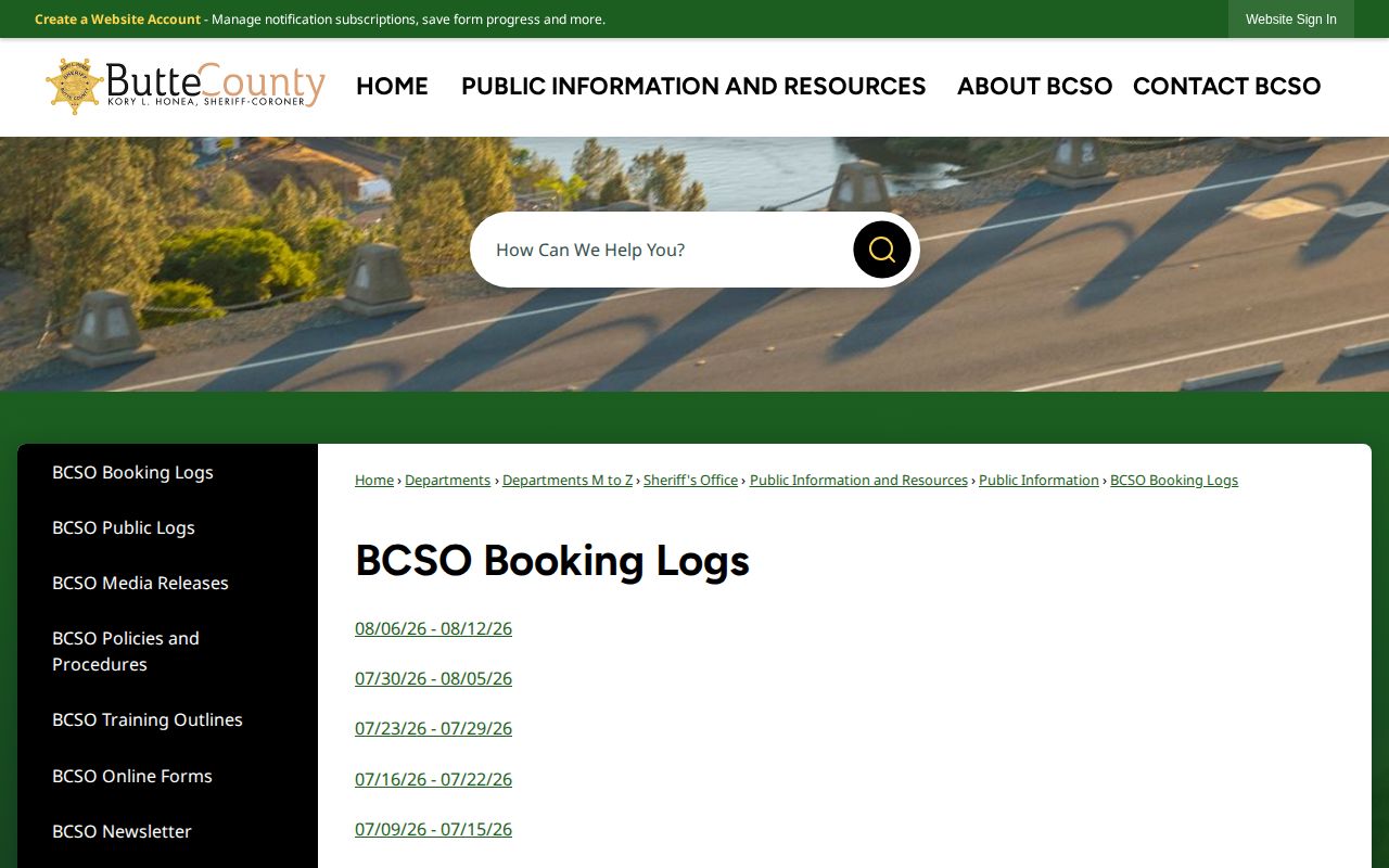 Butte County booking record and seven-day log index