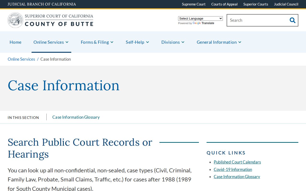 Butte County booking charge and court disposition search