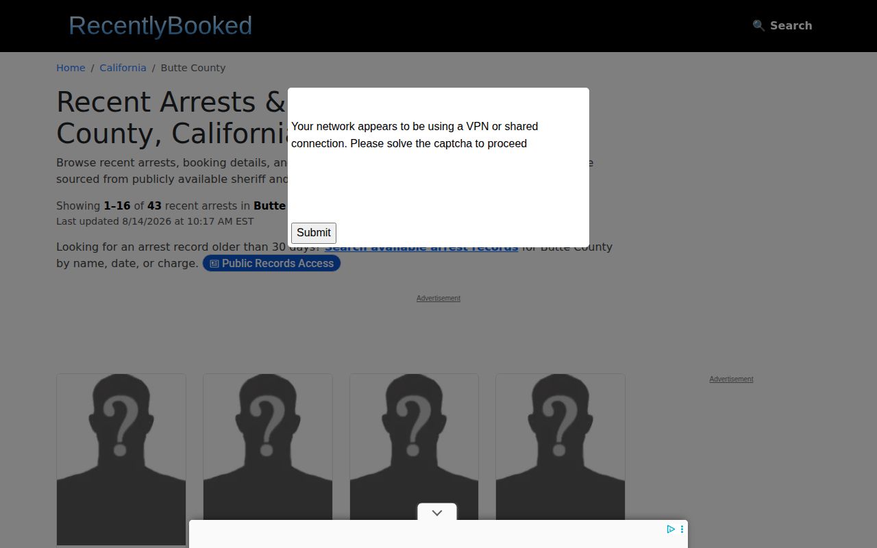 Butte County unofficial booking index no-photo disclaimer