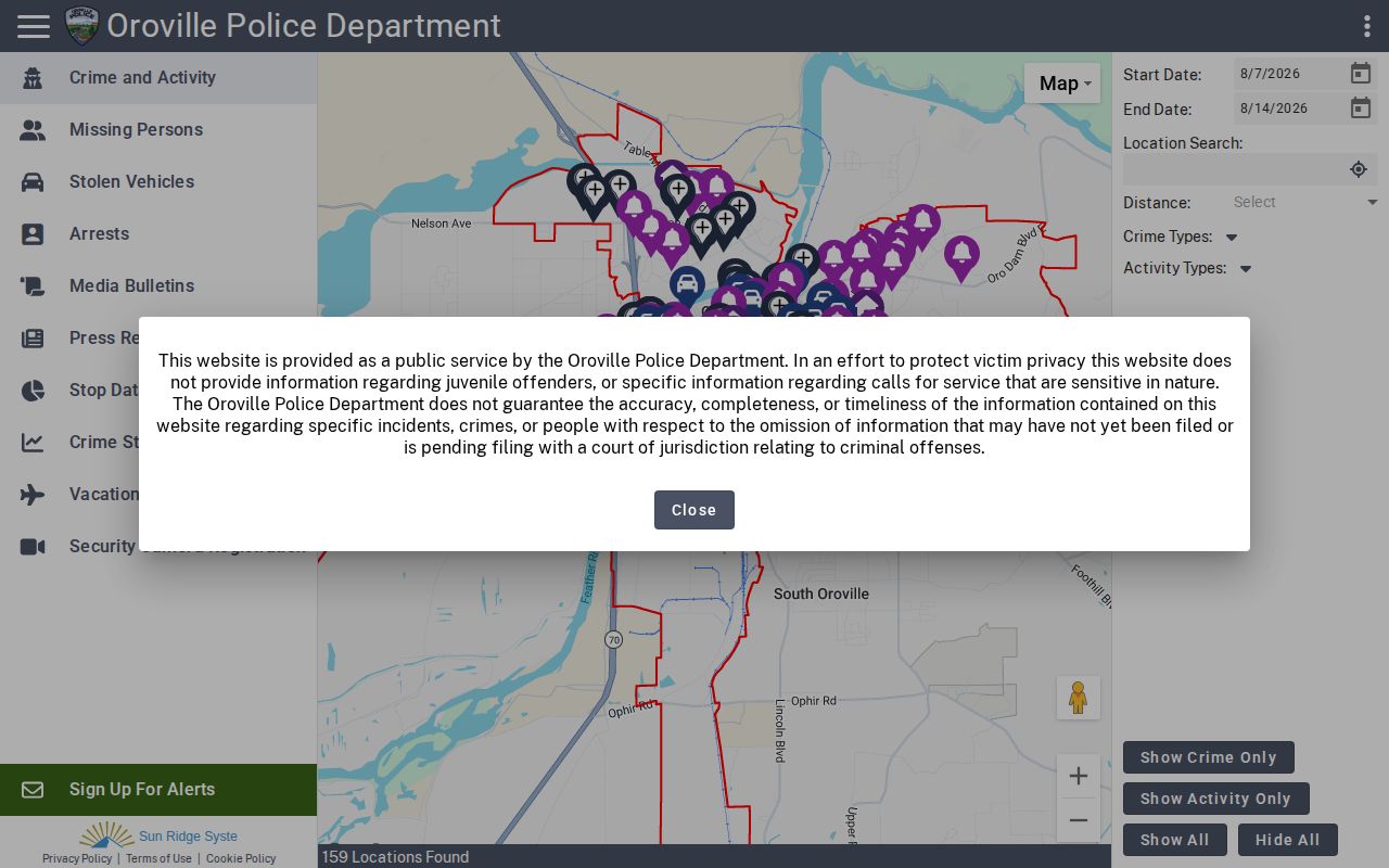 Oroville police crime maps arrests and incident record interface